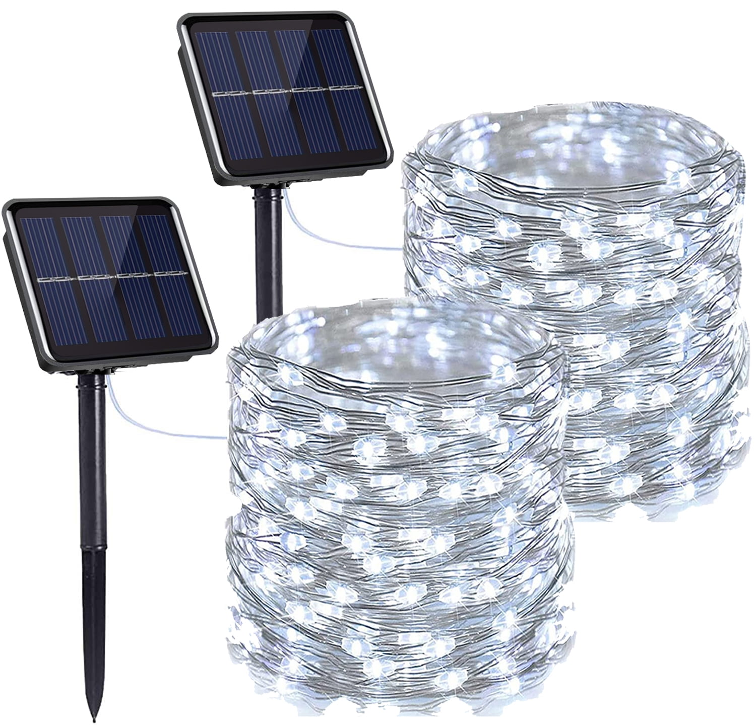 50 LED, Cool White Upgraded Solar Powered String Lights 2 Pack 8 Modes 50 LED Solar Fairy Lights Waterproof 16ft Silver Wire Lights Outdoor Garden String Lights for Home Patio Yard Party Decoration 
