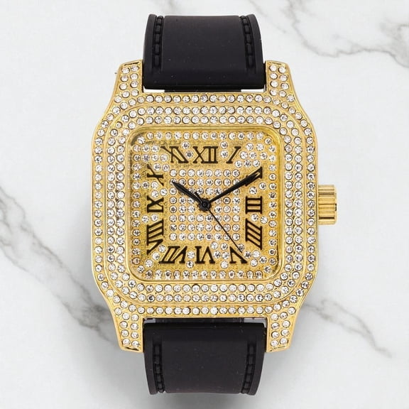 MEN'S HIP HOP FULL ICED BLACK SILICONE BAND GOLD SQUARE CZ BLING WRIST WATCH