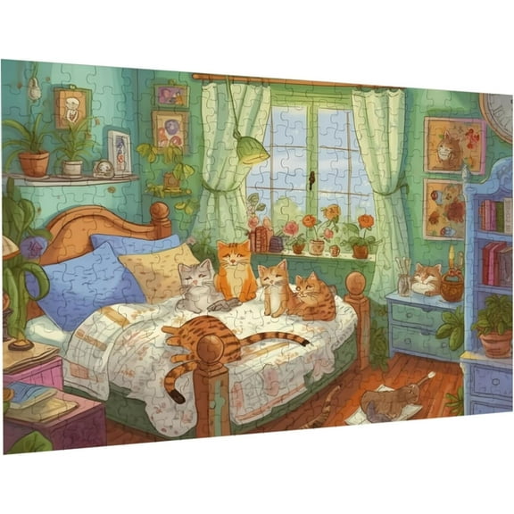 Puzzles for Adults and Family 300 Pieces Jigsaw Puzzles Kitten Party Formation Wooden Modern Home Decor Wall Art Unique Gift 14.9'' x 10.2''
