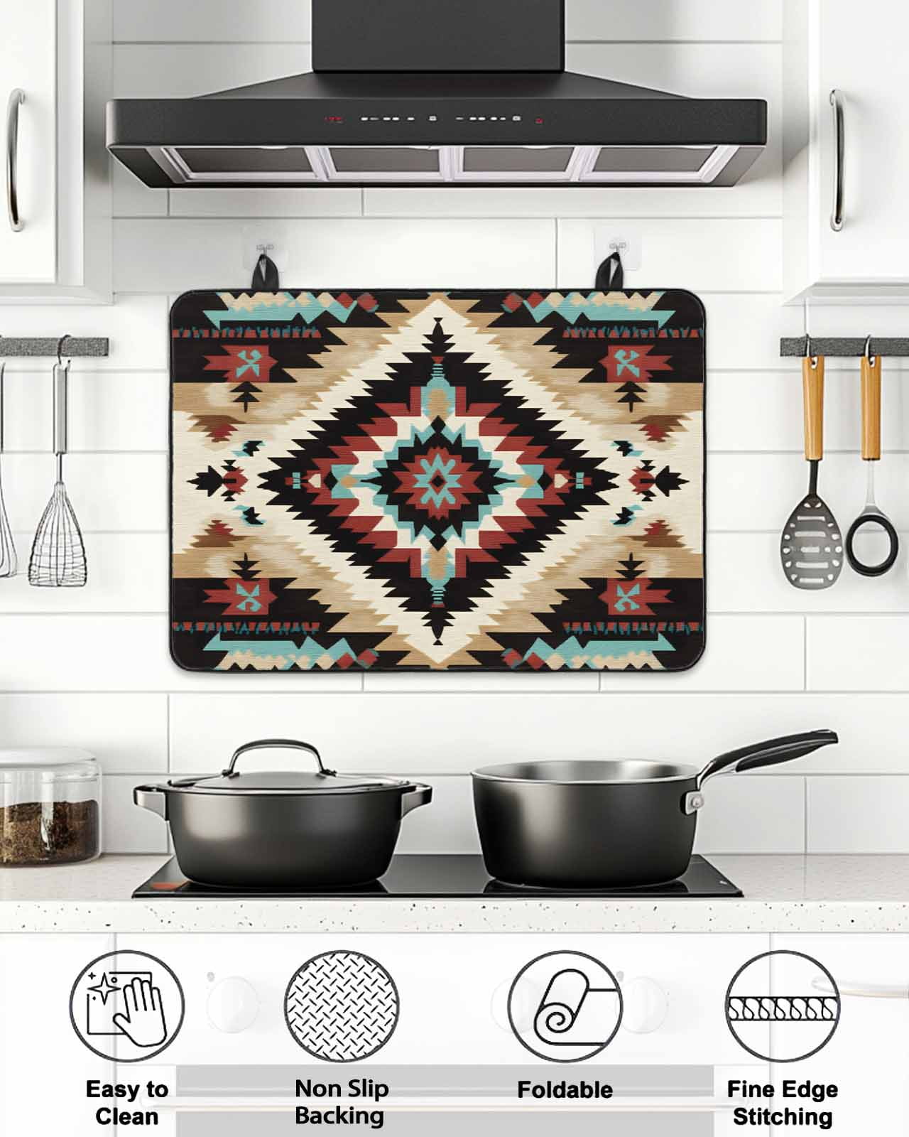 Stove Top Covers for Electric Stove, Boho Brown Teal Red Glass Stovetop Cover Protector, Southwestern Geometric Art Vintage Induction Cooktop Protector Oven Mat for Kitchen Countertop 24"x21"