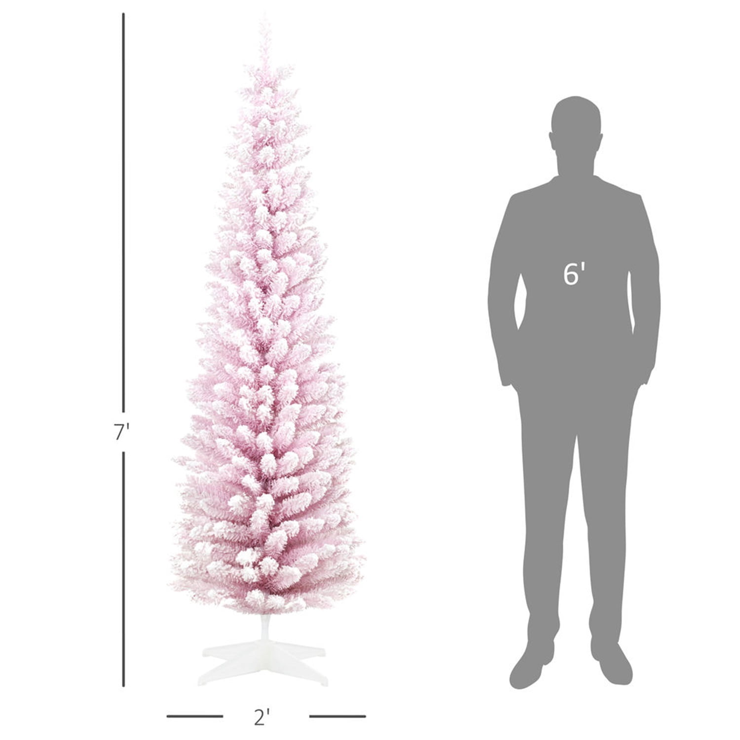 Hommoo Decorations,7' Snow Flocked Artificial Pencil Christmas Tree, Slim Xmas Tree with Realistic Branches and Plastic Base Stand for Indoor Decoration,Pink