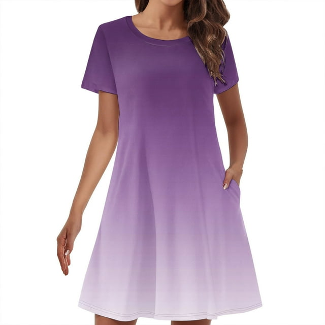 AherBiu Robe T-Shirt pour Femme Coupe Ample Été Décontractée Ligne A Robe Courte Tendance Couleur Dégradée Robe Mini avec Poches