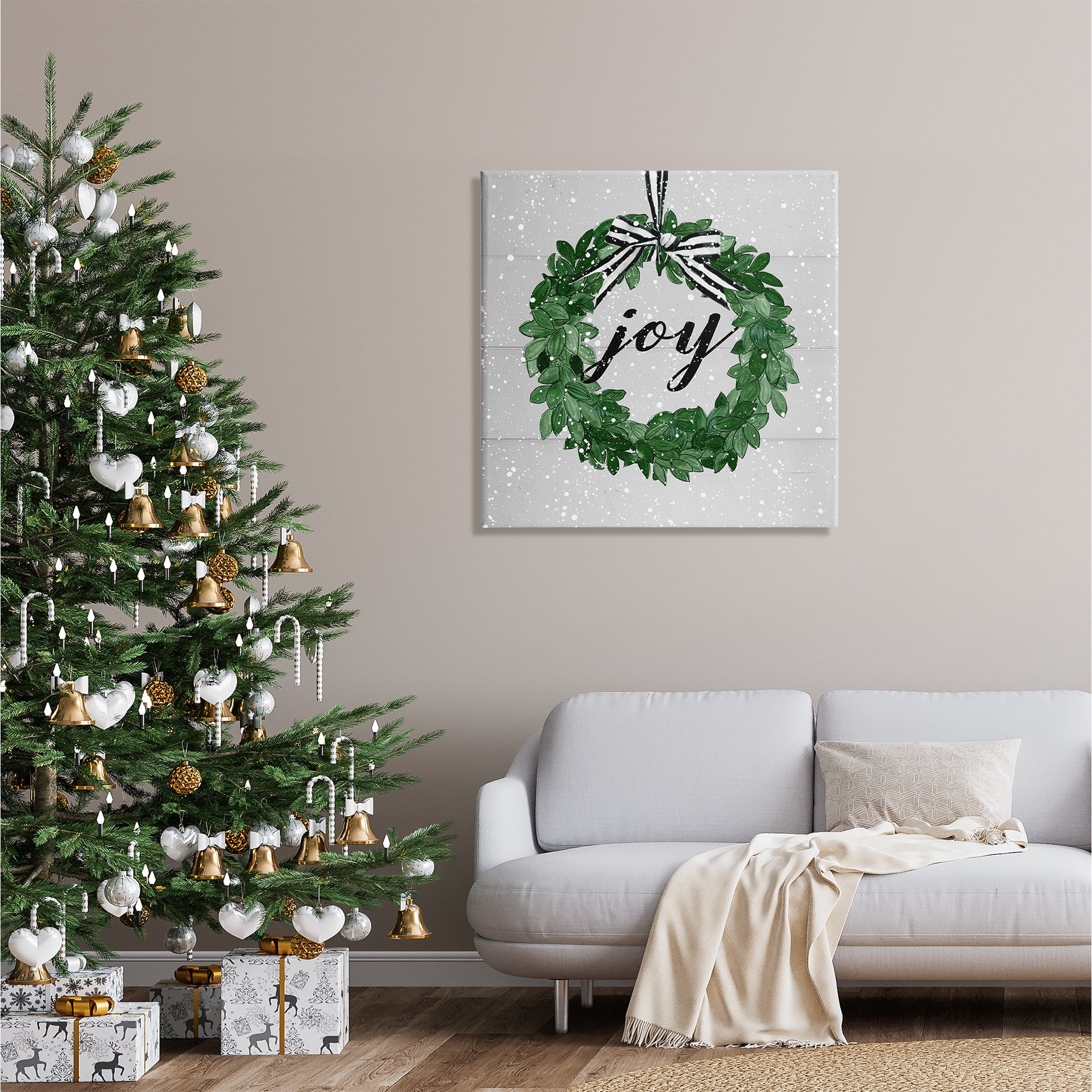 Stupell Industries Joy Wreath with Snow Holiday Painting Gallery Wrapped Canvas Print Wall Art, 30 x 30