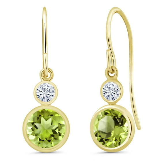 Gem Stone King 14K Yellow Gold Green Peridot and White Moissanite Drop Dangle Earrings for Women (2.20 Cttw, Gemstone August Birthstone, Round 6MM and 3MM)