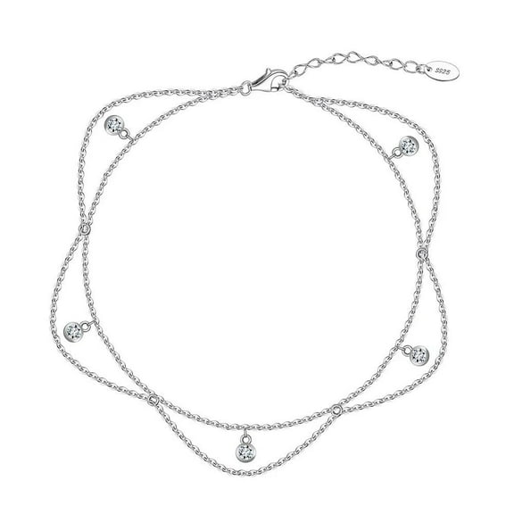Italian Solid Sterling Silver Plated Bracelet Anklet CZ Zirconia Charm 8.5" T4