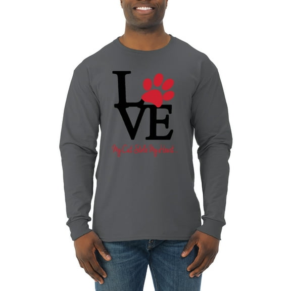 Wild Bobby, Love My Cat Stole My Heart Red Footprints Animal Lover Mens Long Sleeve Shirt, Charcoal, Small