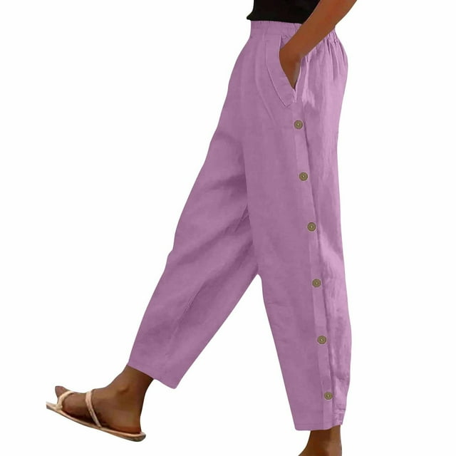 Timegard Womens Pants Elastic High Waist Lightweight Side Button Solid Color Lounge Trousers with Pockets