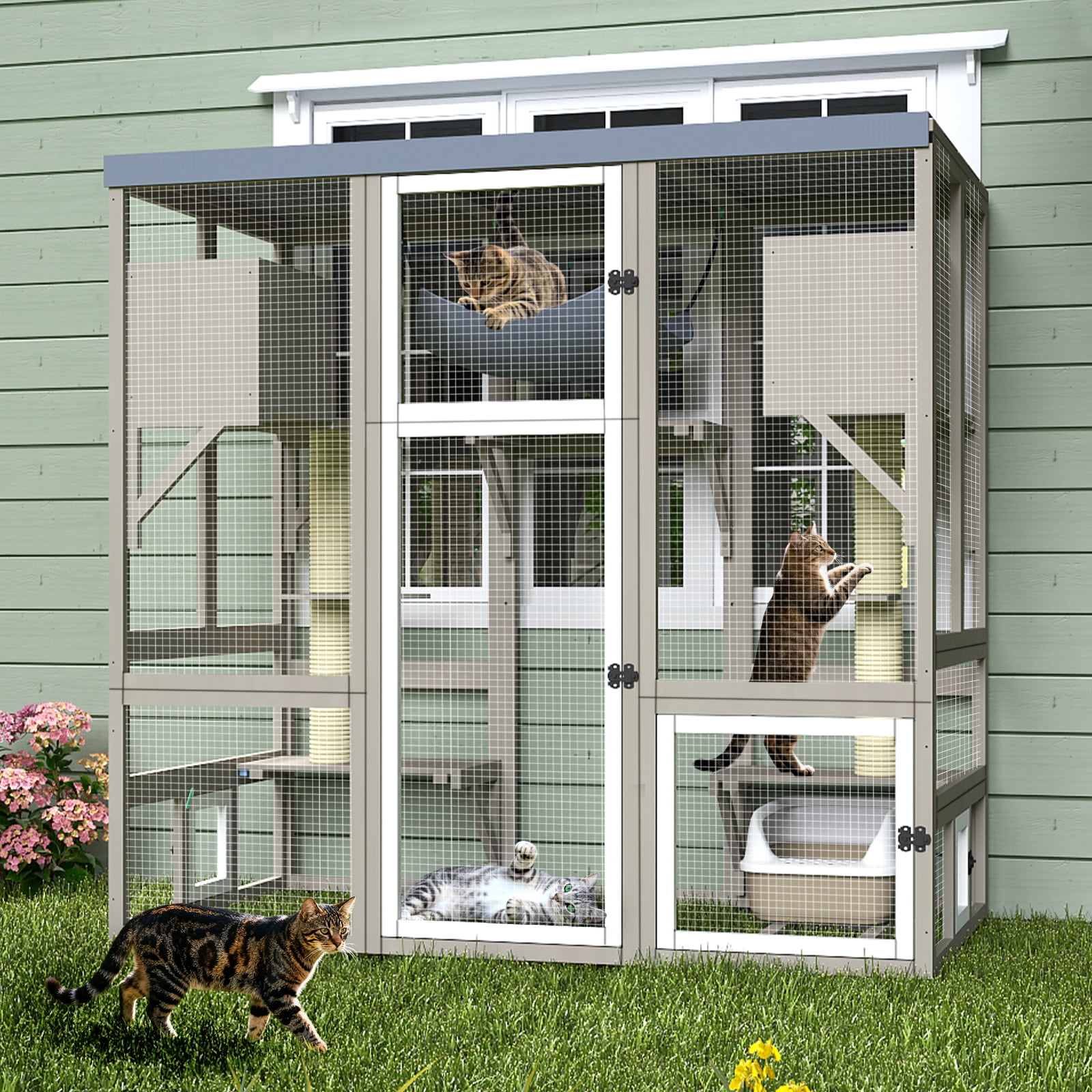 Window-Accessible Walk-in Catio, 4-Tier Outdoor Cat Enclosure with Platforms & Hammock, Large Weatherproof Cat House for Patio