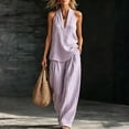 thumbnail image 3 of Womens Striped 2 Piece Sets Fashion Sleeveless V Neck Halter Top Matching Baggy Wide Leg Pants Set Summer Casual Outfits,Purple XL, 3 of 7