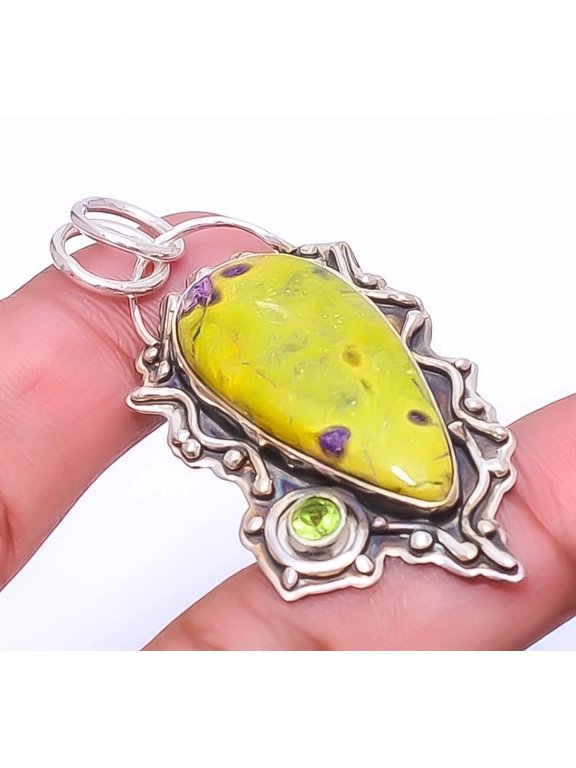 Atlantisite Stichite & Peridot 925 Sterling Silver Bali Pendant 2.15" A321, Christmas Gift, Gemstone Silver Jewelry, Stichtite Pendant, New Year Sale