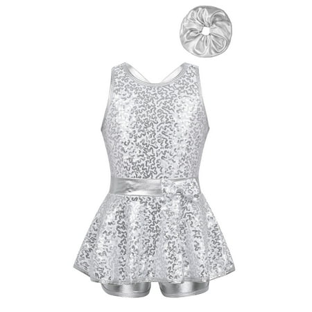 YiZYiF Kids Girls Jazz Modern Dance Outfit Allover Sequins Sleeveless Leotard with Hair Band Dancewear Silver 16