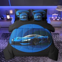 jejeloiu Race Car 7 Pieces Bedding Comforter Set,Speed Extreme Sport Full Bedding Set,Black Blue Fitted Sheet Flat Sheet For Boys,Ultra Soft Home Decor Reversible