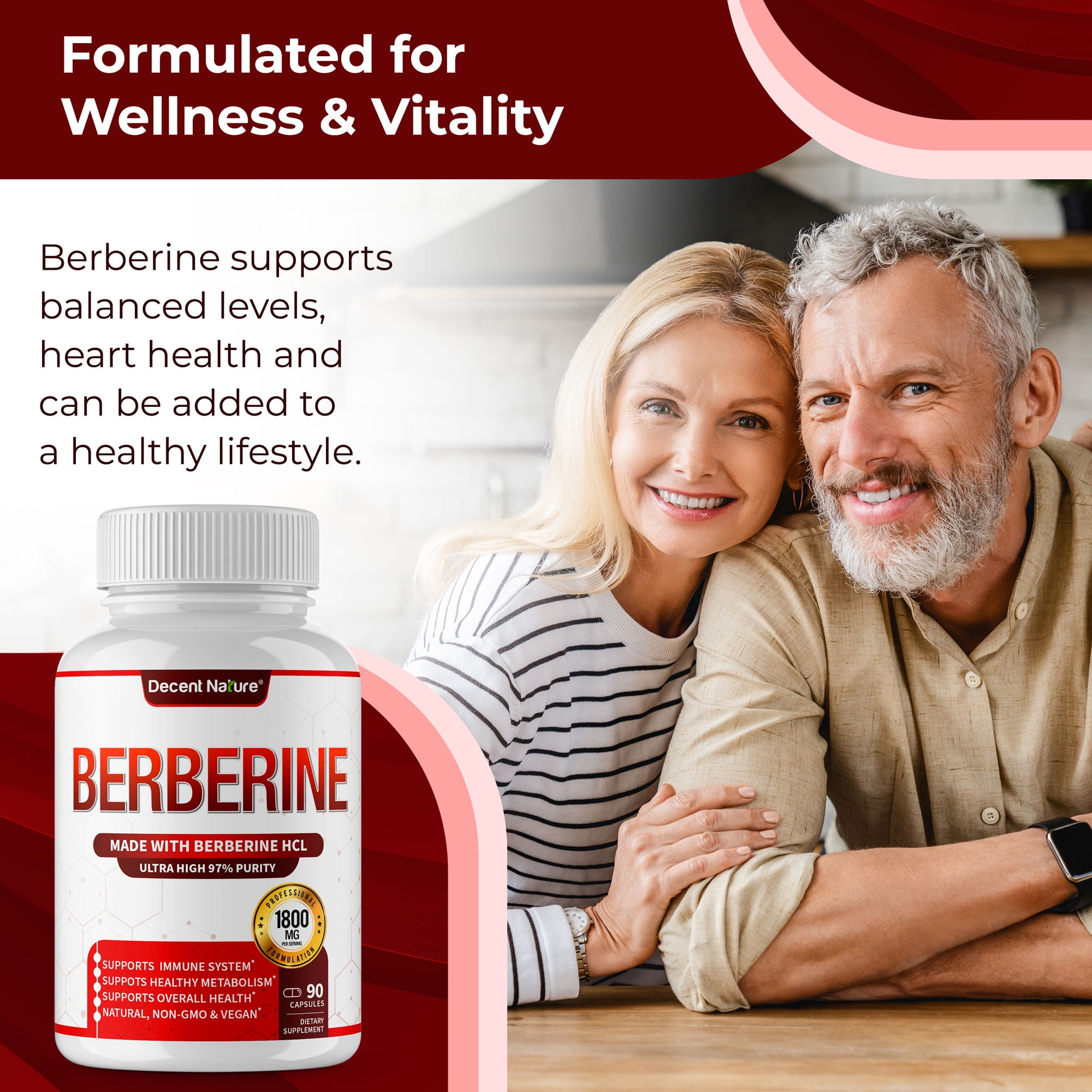 Decent Nature Berberine Supplement 1800mg Berberine HCl 97% Purity 90 Capsules