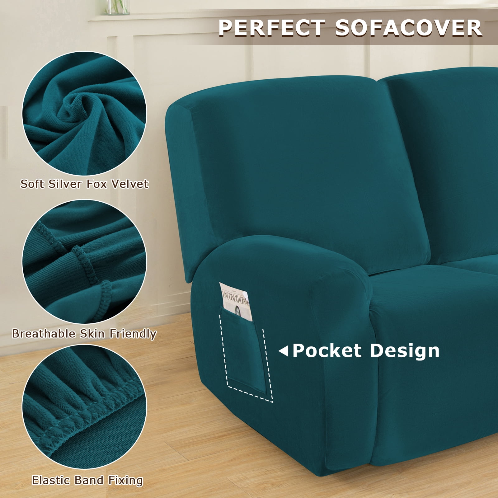 TOPCHANCES 3 Seats Recliner Sofa Slipcover, 8 Pieces Recliner Cover with Side Pocket, Non-Slip 3 Cushion Couch Cover Furniture Protector, Green