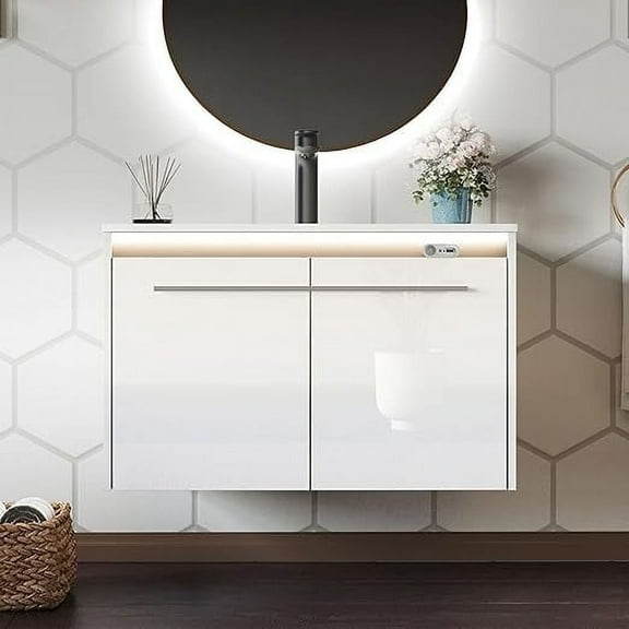LUXOAK LED Light High Gloss 31" Floating Bathroom Vanity with Sink, White