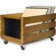 Navaris Wood Record Crate with Wheels - Vinyl Album Storage Holder Box Wooden Case with Chalkboard Sign Board - Holds up to 80 LP Records - Dark Brown