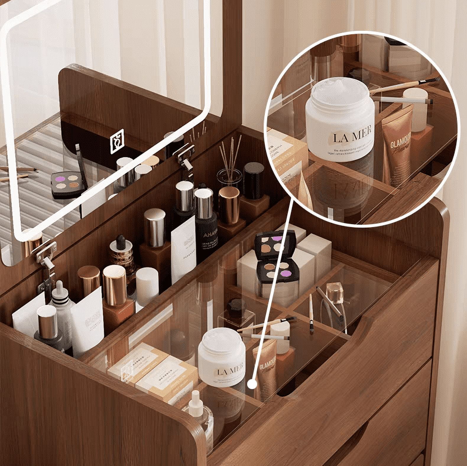 3 in 1 Vanity Desk, Flip Top Lighted Mirror Makeup Vanity with Visible Glass Desktop, 3 Drawers & Cushioned Stool, Compact Dressing Table for Bedroom