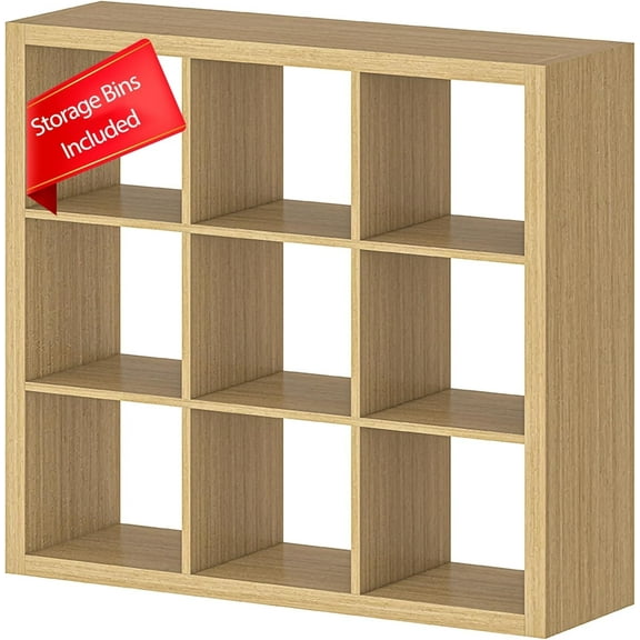 9 Cube Shelf, Closet Storage Organizers, Modern Open Bookcase with Bins, Multifunctional Display Cube Bookshelves for Living Room, Bedroom, Home Office, Oak