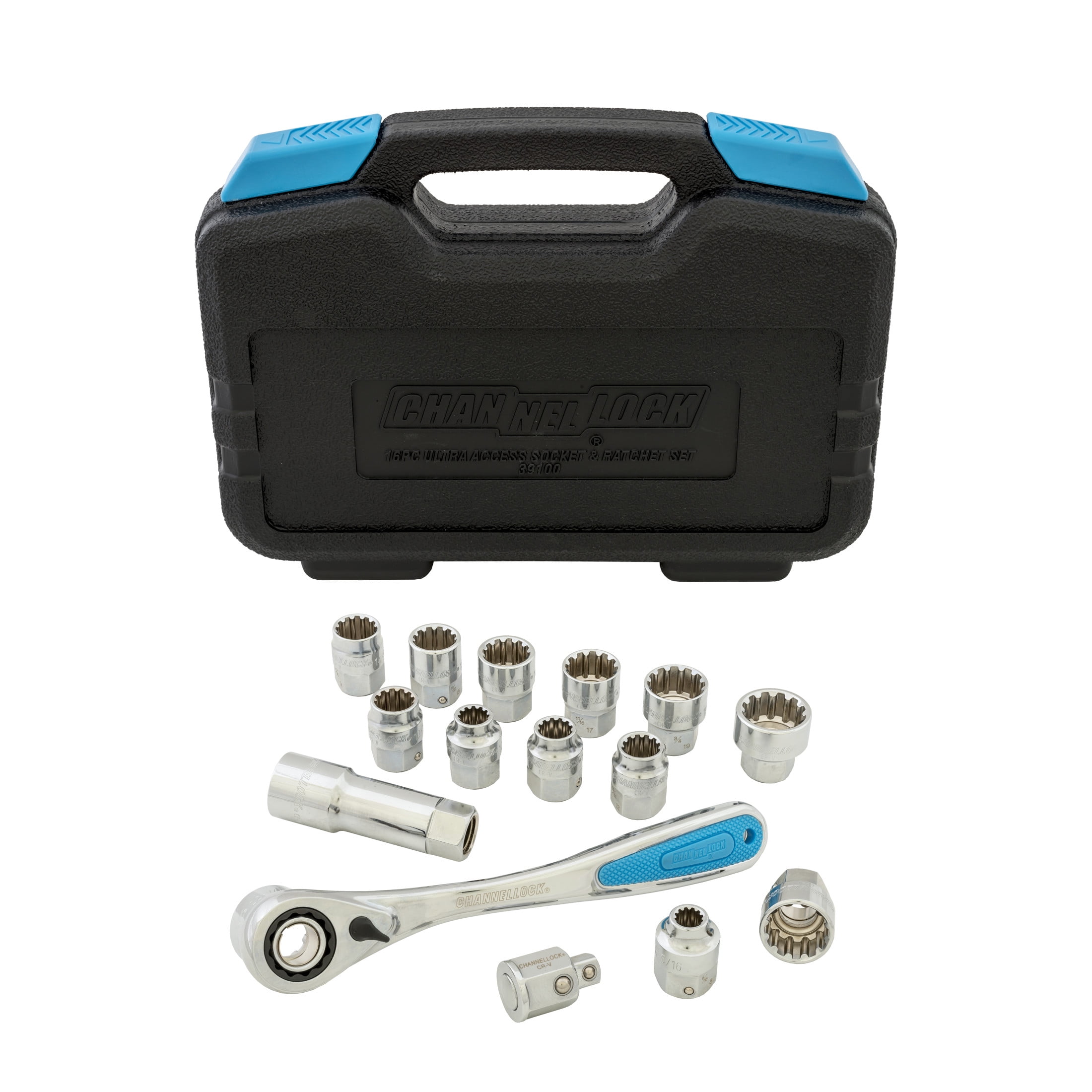 CHANNELLOCK Pass-Thru UNI-FIT Universal Socket Set, Ultra Access Fits 42 Drive Sizes, Full-Polish Chrome, 16 pieces (39100)