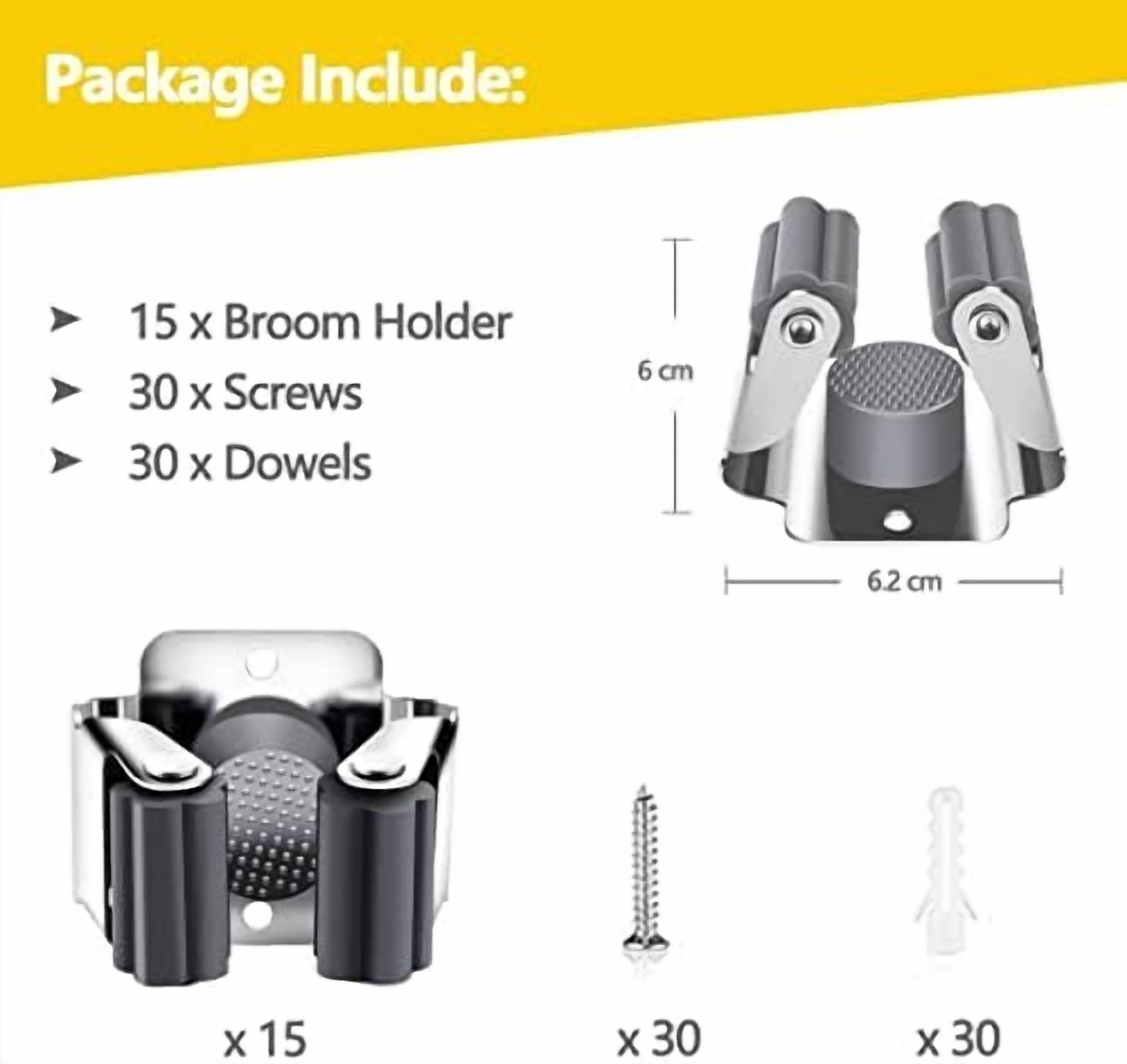 15 Pack Broom Holder Wall Mount, Mop and Broom Holder Wall Mount, Stainless Steel Command Broom Holder with Screws, Garden Tool Storage Organizer for Kitchen, Home, Bathroom, Garage, Grey