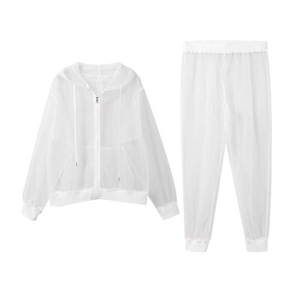 OOOUM Men Women Lightweight Mesh 2 Piece Anti Mosquito Outfit Hooded Zip Jacket Elastic Jogger Pants Outdoor Protection Suit White XS