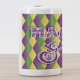 thumbnail image 3 of Mardi Gras Ceramic Toothbrush Holder, Mardi Gras Lettering on Classical Diamond Line Backdrop, Decorative Versatile Countertop for Bathroom, 4.5" X 2.7", Fern Green Marigold, 3 of 4