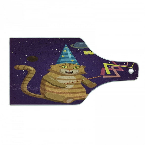 Humorous Cutting Board, Cat Wizard Funny Cartoon Cat Character with Magician Hat in Outer Space, Decorative Tempered Glass Cutting and Serving Board, in 3 Sizes, by Ambesonne