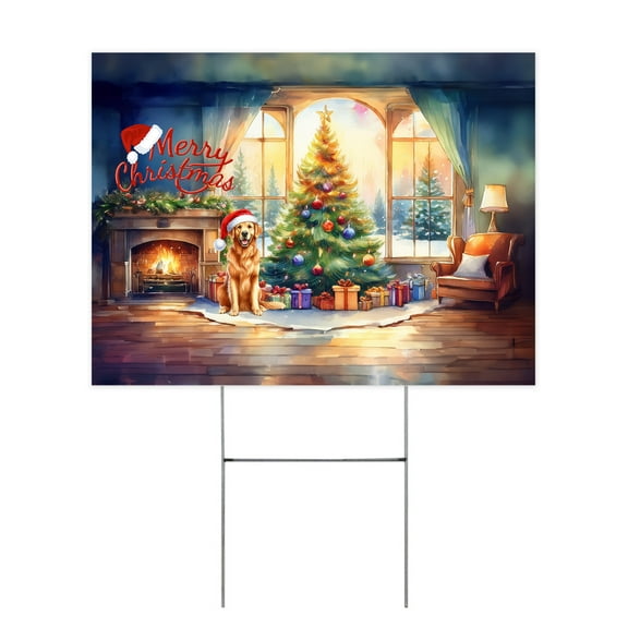 Merry Christmas Golden Retriever Santa Hat Xmas Tree Winter Holiday Yard Sign Goldens Dog Lover Gifts Idea Outdoor Home Lawn Garden Porch Decor - 01013