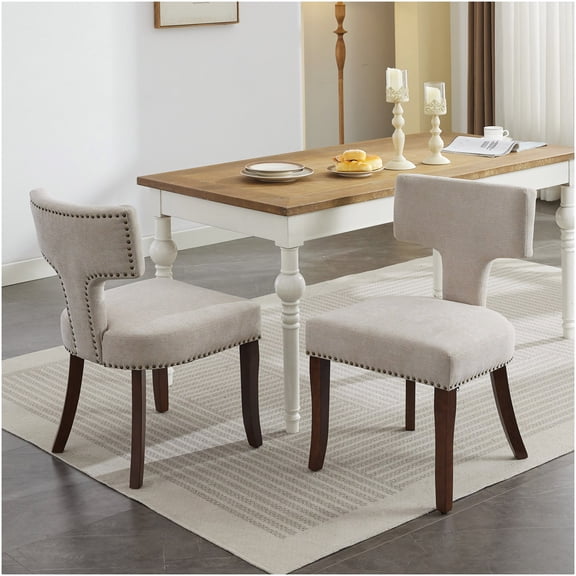 Mid Century Modern Dining Chairs Set of 2, Beige Upholstered Fabric Seat with Curved Back and Copper Nail Trim, Solid Hardwood Legs