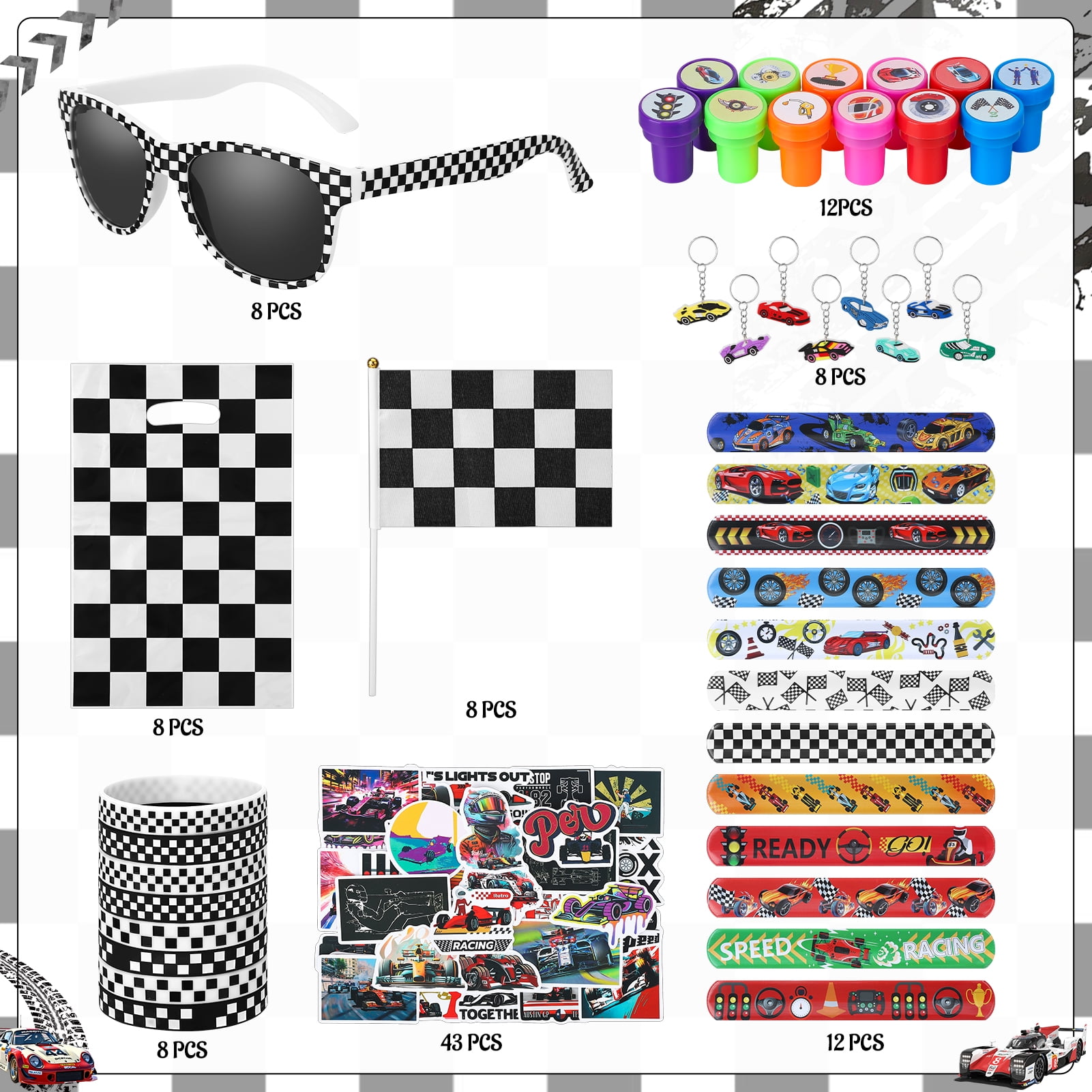 sixwipe 107 Pcs Race Car Party Favors Set, Car Themed Birthday Party Decorations, Goodie Bag Stuffer Pinata Filler with Racing Glasses and Flags, Cars Themed Favors for Wheel Birthday Decor