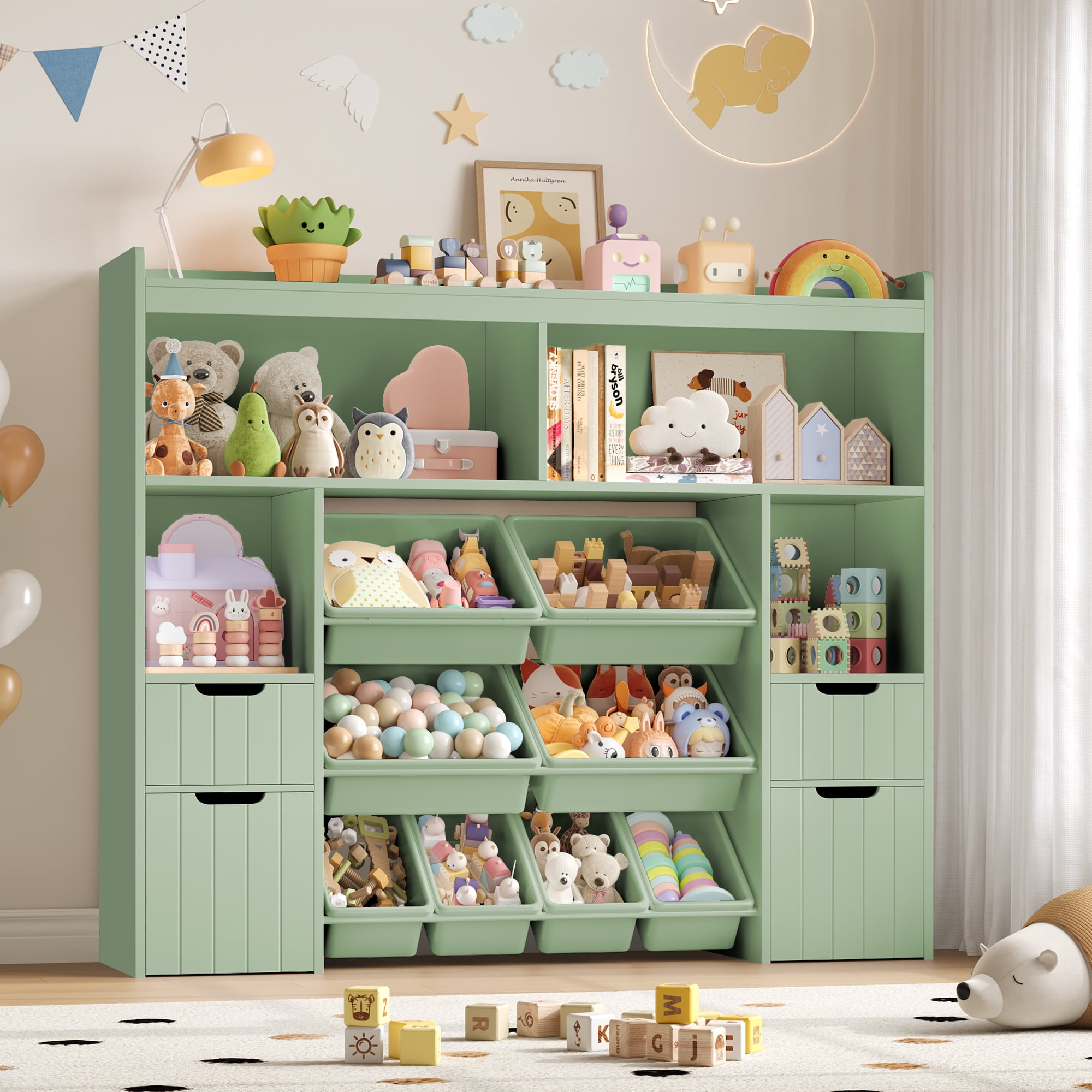 Homfa Kids Toy Storage Organizer with Removable Bin, Kids Bookshelf and Bookcase Toy Box with Drawers for Playroom, Classroom, Green