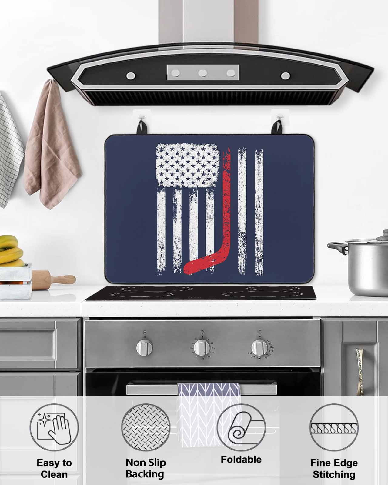 Large Induction Cooktop Protector Mat Navy Blue Hockey American Flag Stove Top Covers for Electric Stove, Vintage Abstract US Flag Decorative Stove Burner Cover Mats, Glass Top Stove Cover