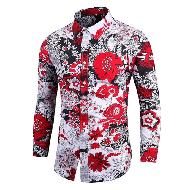 Camisas De Para Hombre Camisa de manga larga con estampado suelto para hombre Camisa de flores informal de moda de talla grande (Red, XL)