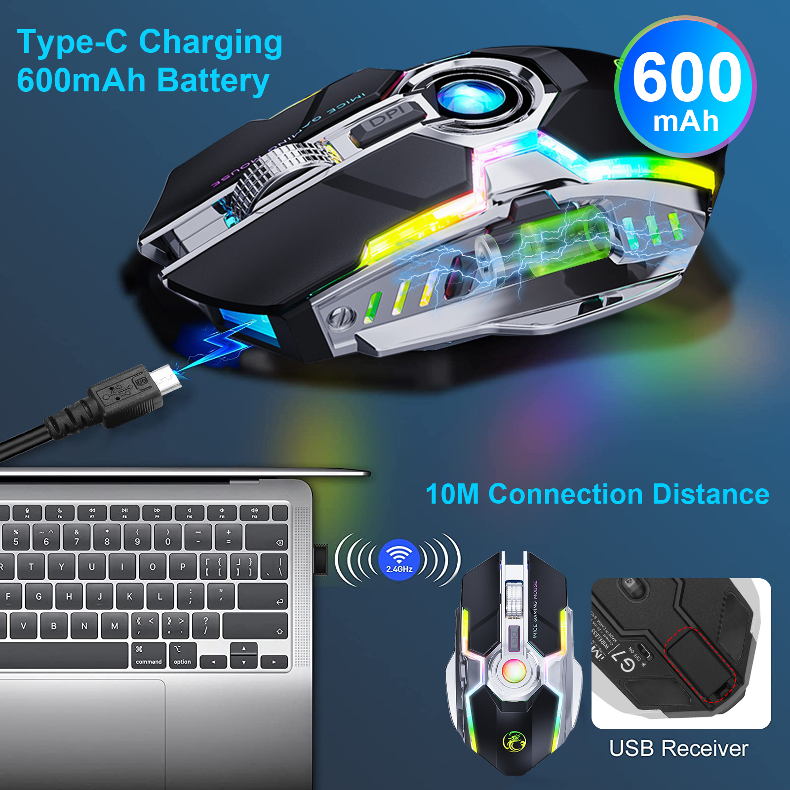 Wireless Gaming Mouse, 2.4G Wireless Rechargeable PC Computer Mouse with 7 Buttons, 3 Adjustable Levels DPI Up to 2400DPI, 7 Colorful LED Lights, Ergonomic Optical Mice for Notebook, PC, Computer, Mac