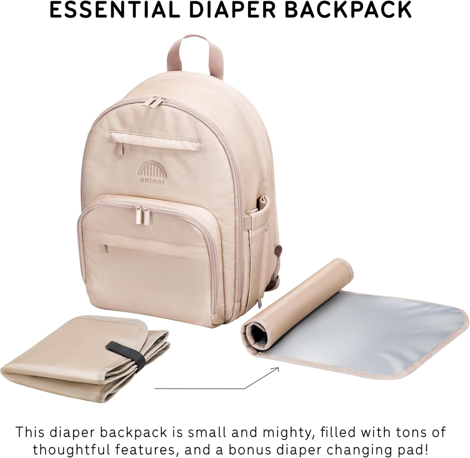uninni Diaper Baby Bag Backpack for Moms and Dads with Baby Boys and Girls, Portable Changing Pad, Removable Pacifier Case - Camel, 15"