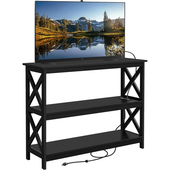 Hyxoo TV Stand with Power Outlet, Entertainment Center for TV up to 45 inch, Wood Open Storage Shelf, Media Console Table for Living Room Bedroom, Black