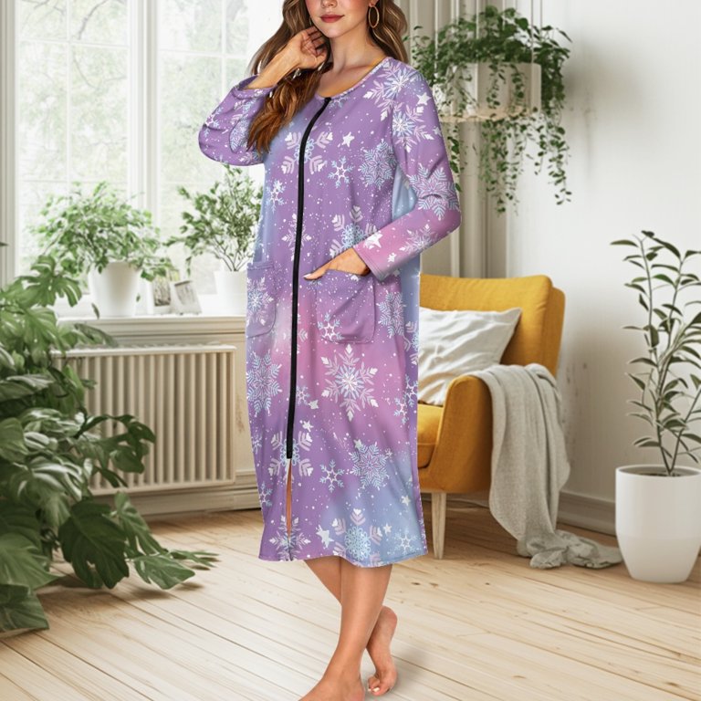 ForUDesigns for U Designs Snowflake Purple Pink Pattern House Dresses for Women Breathable House Dress with Pockets Lightweight Long Sleeve Duster ForUDesigns for U Designs Snowflake Purple Pink Pattern House Dresses for Women Breathable House Dress with Pockets Lightweight Long Sleeve Duster