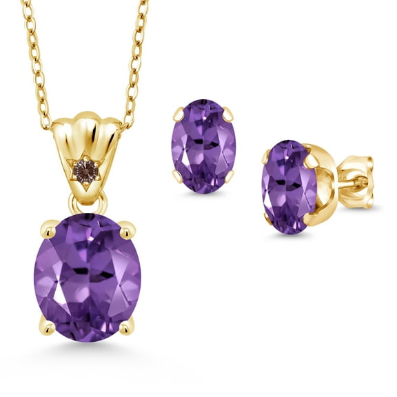 18K Yellow Gold Plated Silver Purple Amethyst and Fancy Brown Zirconia Pendant and Earrings Jewelry Set for Women (5.53 Cttw, Gemstone Birthstone, Oval 11X9MM and 8X6MM with 18 inch Silver Chain)