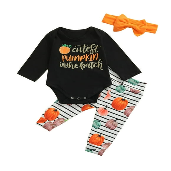 Newborn Baby Girl Halloween Outfits Long Sleeve Pumpkin Letter Print Playsuit Striped Trousers with Bow Headband