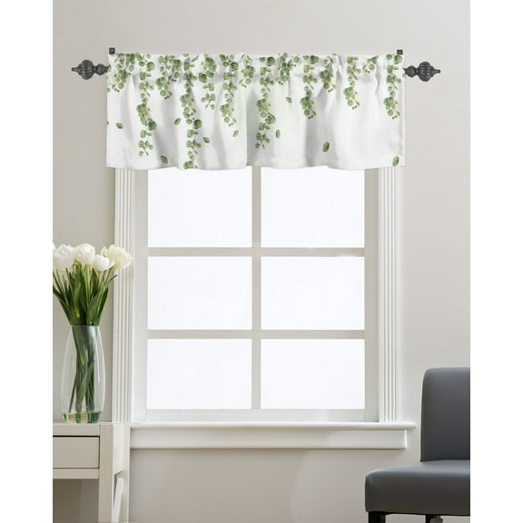 Kitchen Cafe Valance Curtain for Small Windows,Falling Eucalyptus Leaves Watercolor Green Plant Rod Pocket Valances Rustic White Texture Window Treatment for Living Room/Bedroom/Bathroom,54x18in