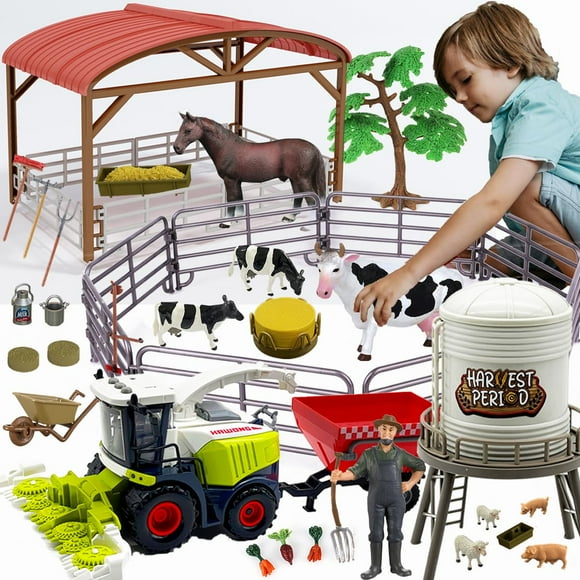 Peagprav Farm Animals Toys Set Barn Toy Combine Harvester Tractor with Trailer Horse Stable Grain Bins Horse Cow Farmer Figures Fence Playset for Kids Toddlers Boy Girl 3-7 Years Old