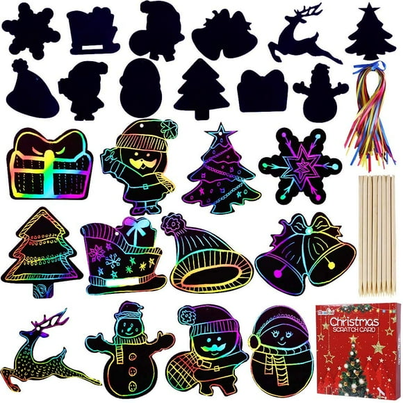 HTOOQ Rainbow Color Scratch Christmas Ornaments (48 Counts) - Magic Scratch Off Cards Paper Hanging Art Craft Supplies Educational Toys Kit with 48 PCS Drawing Sticks & Cords for Kids Party Favors