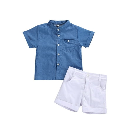 

Livingsenburg Toddler Baby Boys Summer Set Short Sleeve Lapel Denim Shirt Shorts
