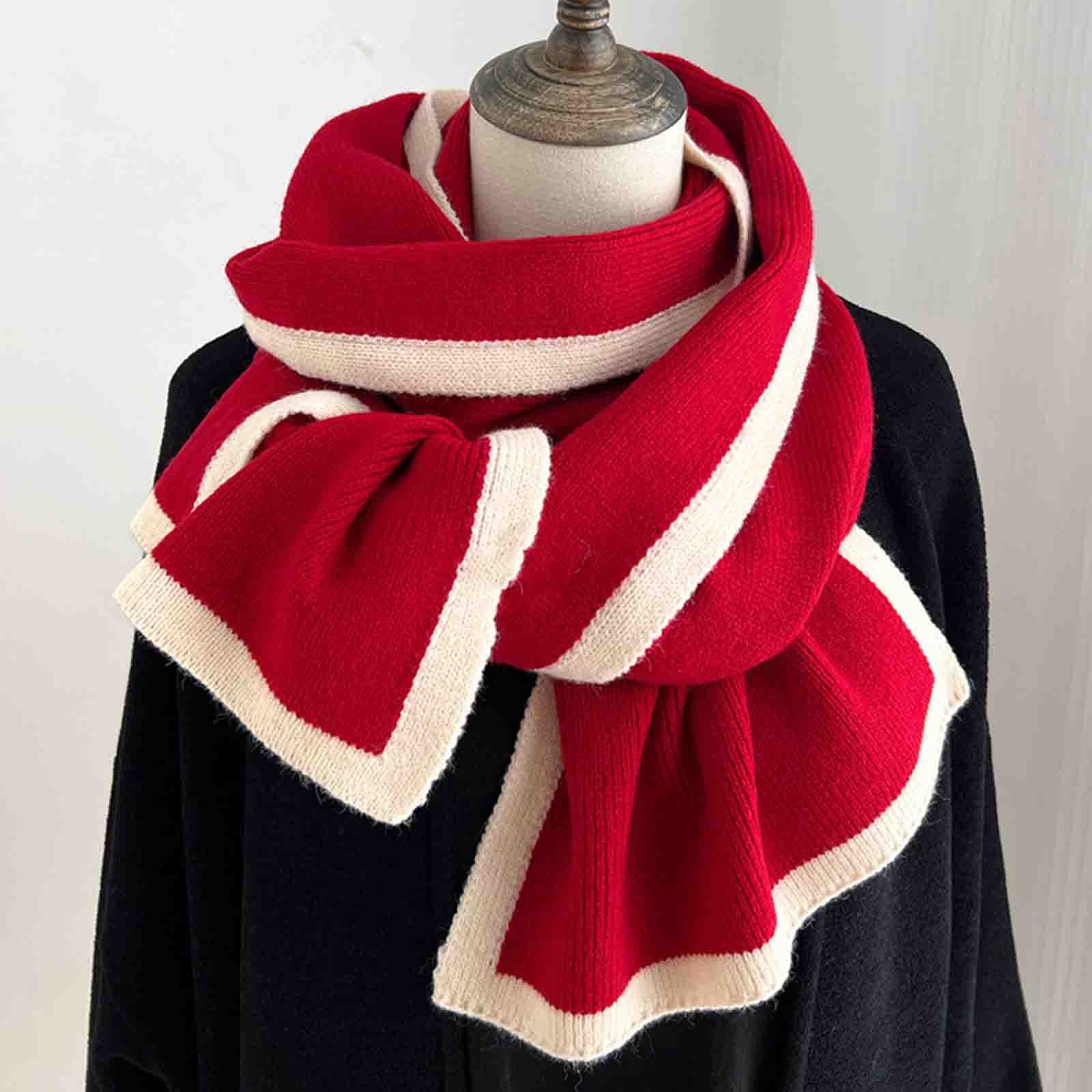 RXIRUCGD Men's And Women's Border Knitted Yarn Versatile Warm Block Color Blocked Scarf( Red )
