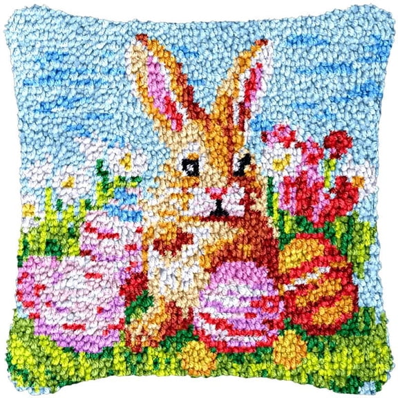 Easter Bunny & Eggs Latch Hook Pillow Cover Kits for DIY Handmade Throw Pillow Cross Stitch Latch Hook Pillowcase Rug Cushion Kits with Preprinted Canvas Crochet Yarn Kits Needlework 17'' X 17''