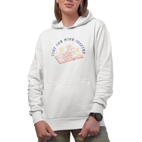 Just One More Chapter with an Open Book, Flowers & Butterflies Art Merch Gift, White Hooded Sweatshirt or Hoodie, Small