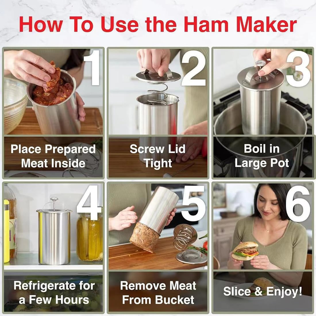 Stainless Steel Deli Meat Press with Thermometer, 1.5L Ham Maker Mold for Homemade Lunch Meat, Poultry & Sandwich Filling