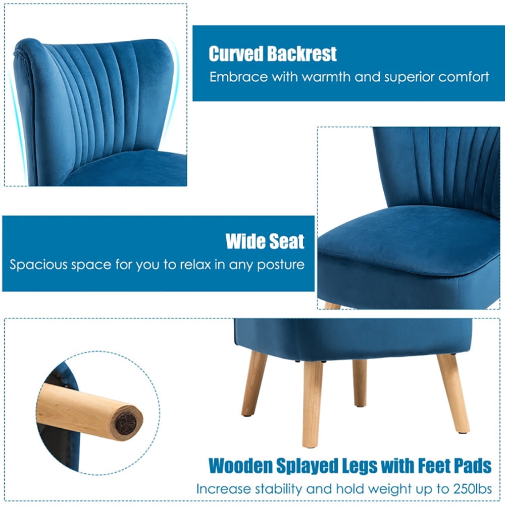 Finihen Velvet Accent Chair, Modern Armless Velvet Accent Chair with Wood Legs, Thickly Padded, Armless Wingback Club Chairs for Living Room, Bedroom, Blue