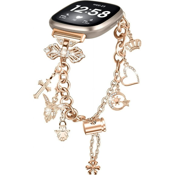 REQO Bling Band Compatible with Fitbit Versa 4/Sense 2 Band for Women Stainless Steel Diamond Jewelry Bracelet for Women with Bow Connector Interchangeable Charm for Versa 4/Sense 2 smartwatch