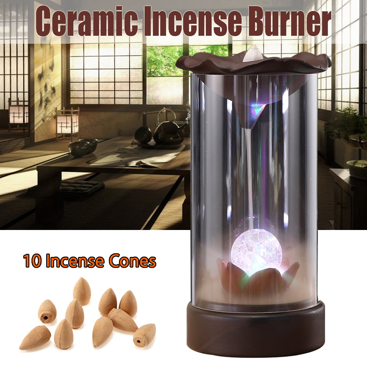 Buddha Ceramic Backflow Incense Burner Holder Smoke Censer Sandalwood w/ 10 Cone 